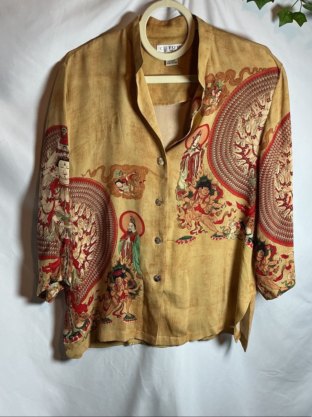 Citron Golden Yellow Button-Down Shirt with Red and Green Motifs 100% pure silk